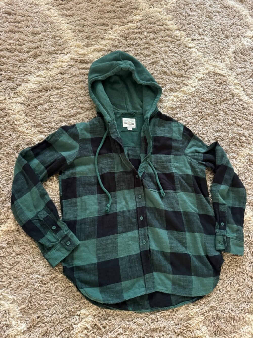 American Eagle Green Black Buffalo Plaid Hooded Flannel Shirt Womens XS Skater